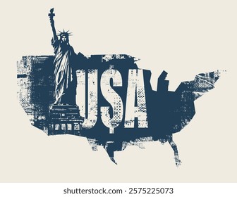 vector usa banner with american statue of liberty and map in grunge style on background of spots and geometric shapes from new york architecture elements