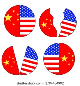 Vector - USA and China flag on round shape, Broken friendship, trade war concept.