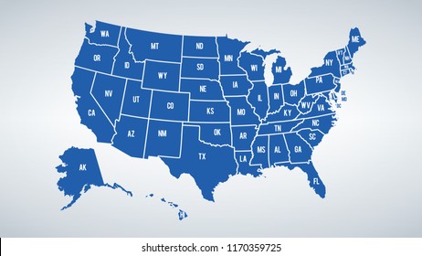 Vector USA colors map with borders of states and shorts name of each states