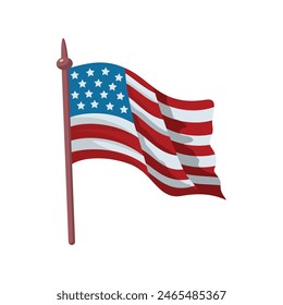 Vector USA flag on a wooden pole, isolated on a white background. American flag on the flagpole waving in the wind. Holiday design element.