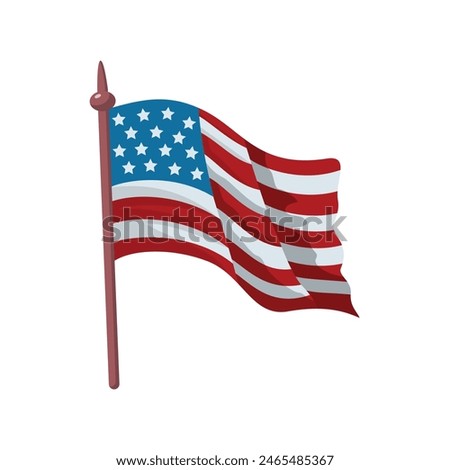 Vector USA flag on a wooden pole, isolated on a white background. American flag on the flagpole waving in the wind. Holiday design element.