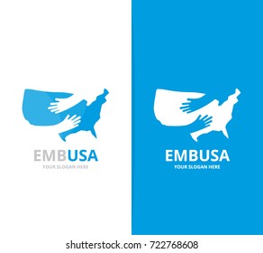 Vector of usa and hands logo combination. America and embrace symbol or icon. Unique united state and hug logotype design template.