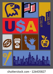 vector USA icon set on color background