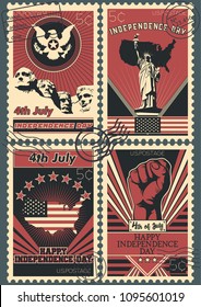 Vector USA Independence Day Postage Stamps. Vintage Stylization