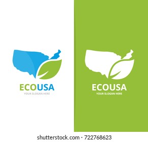 Vector of usa and leaf logo combination. America and eco symbol or icon. Unique united state and organic logotype design template.