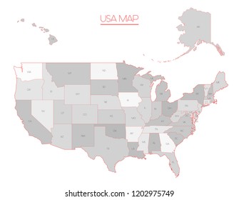 Vector USA map, edtailed american states map with Alaska and Hawaii