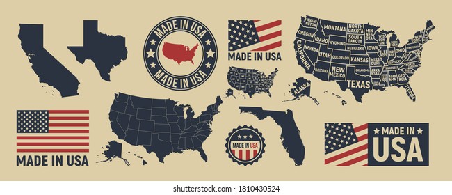 Vector USA map, label, logo. USA patriotic set. United States vintage typography. Texas, California, Florida map. United States of America blank and poster map. Print for t-shirt. Poster for pub, bar.