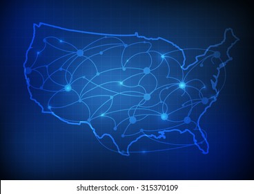 Vector : USA Map With Network Line And Grid Blue Background