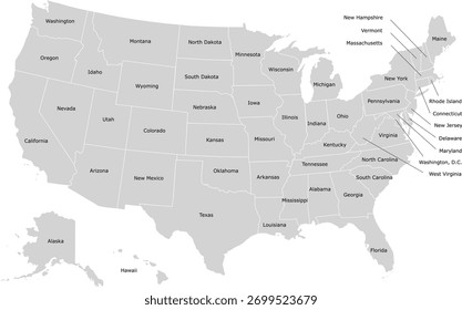 Mapa de Vector USA con estados etiquetados en su totalidad