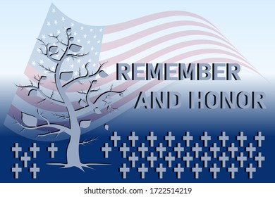 Vector USA Memorial Day card on the background of monuments and a tree with falling leaves, light blue background.