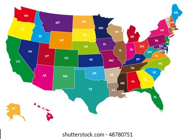 Vector USA multi color map with borders of countries and short names of countries. Color US map with state borders and names. Map of american states.