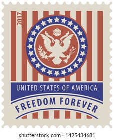 Vector USA postage stamp with the eagle on the great seal of the United States in the colors of the American flag, with the words freedom forever and rubber stamp