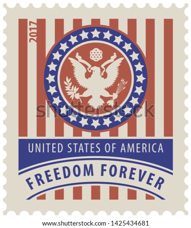 Vector USA postage stamp with the eagle on the great seal of the United States in the colors of the American flag, with the words freedom forever and rubber stamp