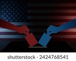 Vector USA voting scene: two hands casting ballots into a voting box, set against the backdrop of the American flag, symbolizing participation in United States of America elections