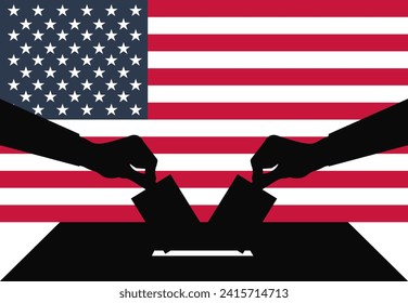 Vector USA voting scene: two hands casting ballots into a voting box, set against the backdrop of the American flag, symbolizing participation in United States of America elections