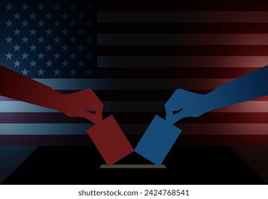 Vector USA voting scene: two hands casting ballots into a voting box, set against the backdrop of the American flag, symbolizing participation in United States of America elections