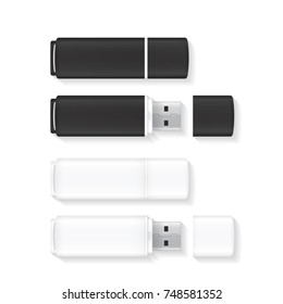 Vector USB Flash Drive aislado en fondo blanco. Discos flash en blanco y negro.