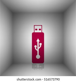 Vector USB flash drive sign. Bordo icon with shadow in the room.