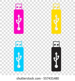Vector USB flash drive sign. CMYK icons on transparent background. Cyan, magenta, yellow, key, black.