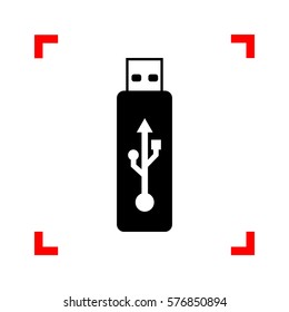 Vector USB flash drive sign. Black icon in focus corners on white background. Isolated.