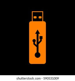 Vector USB flash drive sign. Orange icon on black background.