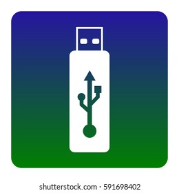 Vector USB flash drive sign. Vector. White icon at green-blue gradient square with rounded corners on white background. Isolated.