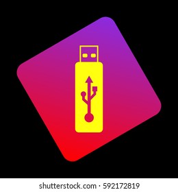 Vector USB flash drive sign. Vector. Yellow icon at violet-red gradient square with rounded corners rotated for dynamics on black background.