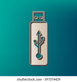 Vector USB flash drive sign. Vector. Icon printed at 3d on sea color background.