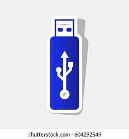 Vector USB flash drive sign. Vector. New year bluish icon with outside stroke and gray shadow on light gray background.