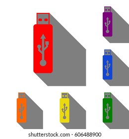Vector USB flash drive sign. Set of red, orange, yellow, green, blue and violet icons at white background with flat shadow.