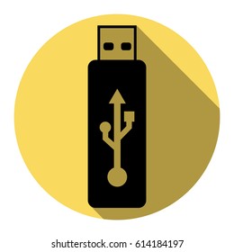 Vector USB flash drive sign. Vector. Flat black icon with flat shadow on royal yellow circle with white background. Isolated.