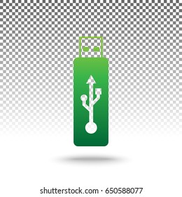 Vector USB flash drive sign. Vector. Green gradient icon with shadow at bottom on transparent and white background.