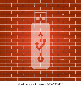 Vector USB flash drive sign. Vector. Whitish icon on brick wall as background.