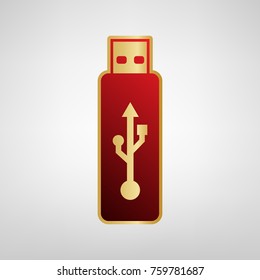 Vector USB flash drive sign. Vector. Red icon on gold sticker at light gray background.