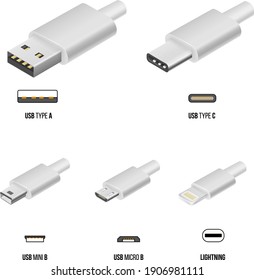 Vector USB type A, type C, micro USB and lightning white cable connector illustration in 3D realistic isometry