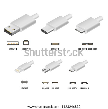 Vector USB type A, type C, micro USB, super speed and lightning white cable connector illustration in 3D realistic isometry