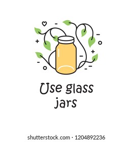 Vector Use Glass Jars background template. Zero Waste Illustration Poster. Color outline icon banner. No Plastic and Go Green concept