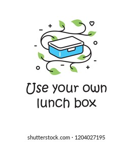 Vector Use Your Own Lunch Box background template. No Plastic and Go Green concept. Zero Waste Illustration Poster. Color outline icon banner