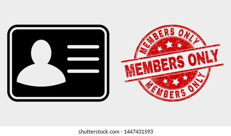 Vector user card icon and Members Only seal stamp. Red round distress seal with Members Only text. Vector combination for user card in flat style. Black isolated user card icon.
