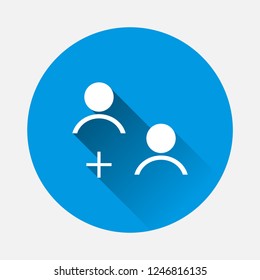 Vector user chat icon.  Symbol of interaction of people. Add user on blue background. Flat image Heart with long shadow. Layers grouped for easy editing illustration. For your design.