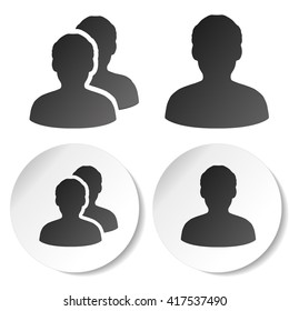 Vector user and community black symbols. Simple man silhouette. Profile labels on white round sticker. Sign of member or person on social network.
