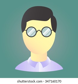 Vector user icon. Avatar sign. Black hair. Faceless. Geek glasses. Blue shirt. Purple shirt.
