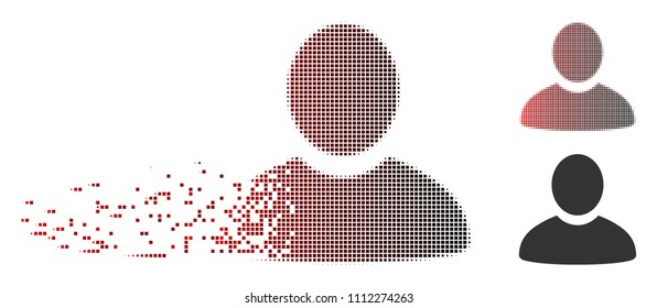 Vector user icon in dissolved, dotted halftone and undamaged entire versions. Disappearing effect involves rectangle sparks and horizontal gradient from red to black.