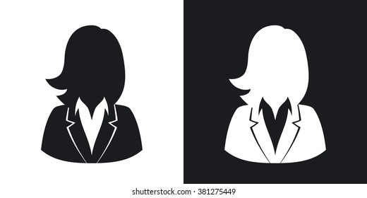 Vector user icon of woman in business suit. Two-tone version on black and white background