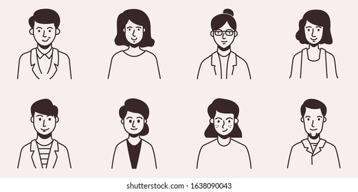 Vector users avatars and profile picture. Simple line minimalistic icons for website, application or presentation, Hand Drawn flat style, Character illustration.