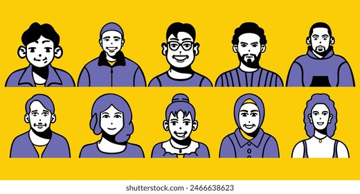 Vektorgrafik-Nutzer Avatare und Profilbild. Minimalistische Symbole für Website, Anwendung oder Präsentation, Handgezeichneter flacher Stil, Zeichendarstellung.