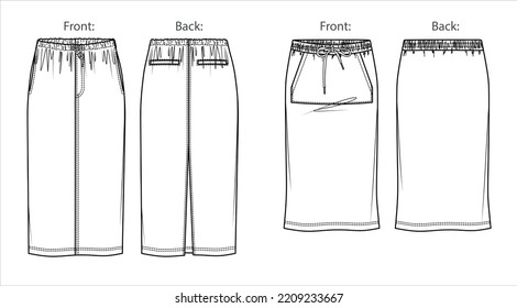 Vector utility style midi skirt with waistband fashion CAD, woman long skirt with side pockets sketch, template, flat, technical drawing.Jersey or woven fabric skirt with front, back view, white color