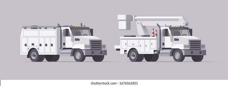 Vector Utility Truck. Isolated Aerial Bucket Truck. Cherry Picker. Box Service Truck. Collection
