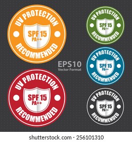 vector : uv protection spf 15 pa++ recommended icon, tag, label, sign, sticker