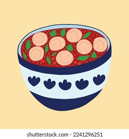 Vector Uzbek chuchvara soup in bowl hand drawn sketch